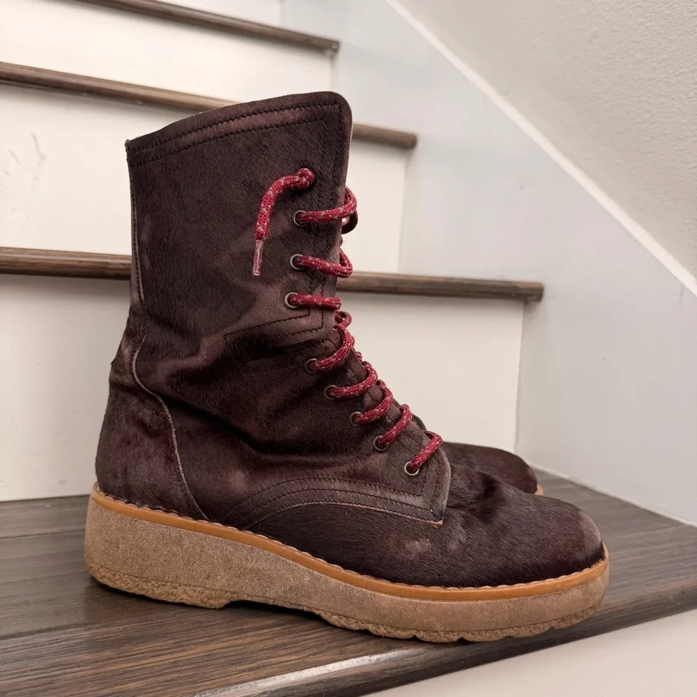 Free People Taos Cow Hair Leather Lace Up Lug Crepe Sole Boots Sz 11 Burgundy